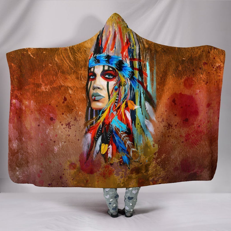 Beautiful Watercolor Native American Hooded Blanket interestprint