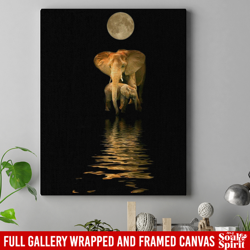 Elephant Canvas - Elephant Mom Daughter Son Under Moon Canvas For Living Room Home Decor Elephants - CANPO75 - CustomCat