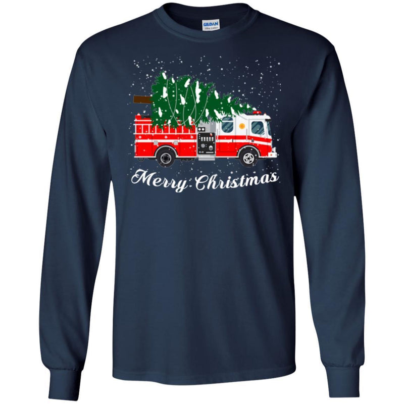 Firefighter T-Shirt Merry Christmas Fire Truck Chrismas Tree And Snow Gift Tee Shirt CustomCat
