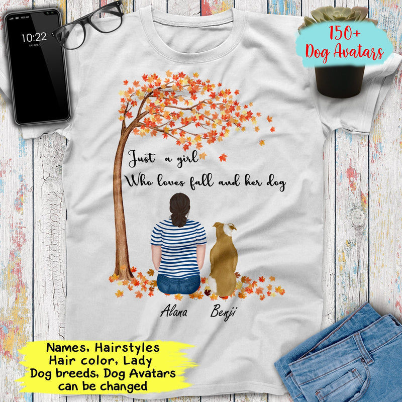 Custom Names Just A Girl Who Love Fall And Her Dog Shirt Thanksgiving Gift Dog Lover Gift, Autumn Shirt Personalized Shirts For Women Shirt SHIRTS_Autumn Dog Girl