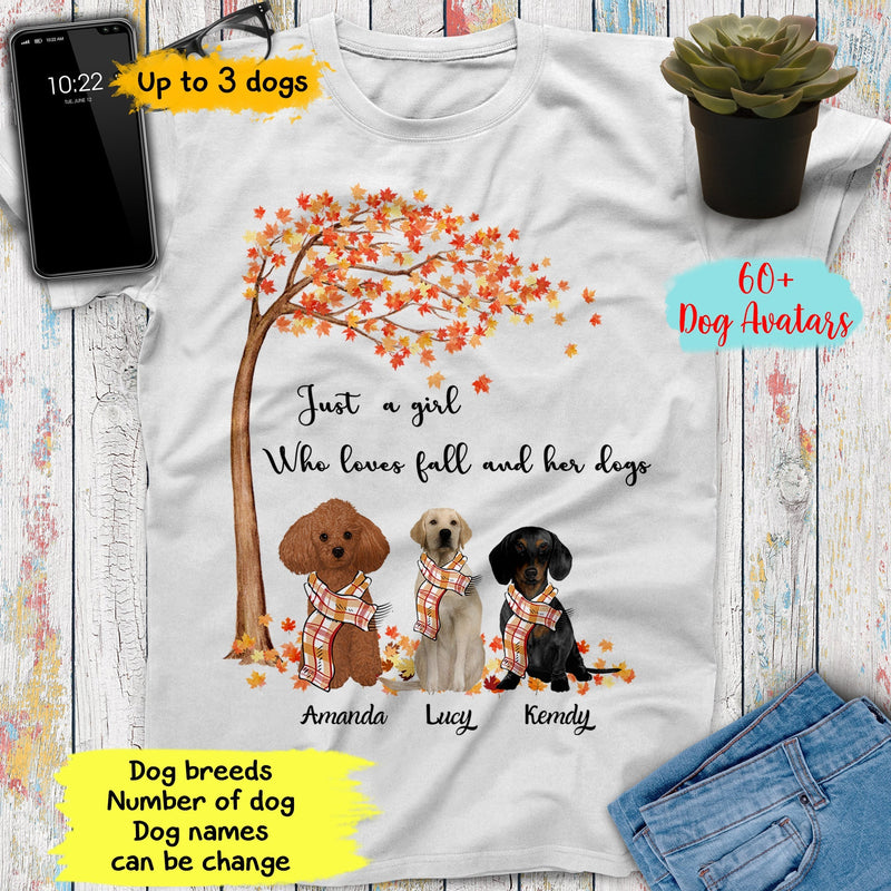 Custom Names Just A Girl Who Love Fall And Her Dogs Shirt Thanksgiving Gift Dog Lover Gift, Autumn Shirt Personalized Shirts For Women Shirt SHIRTS_Autumn Dog Girl