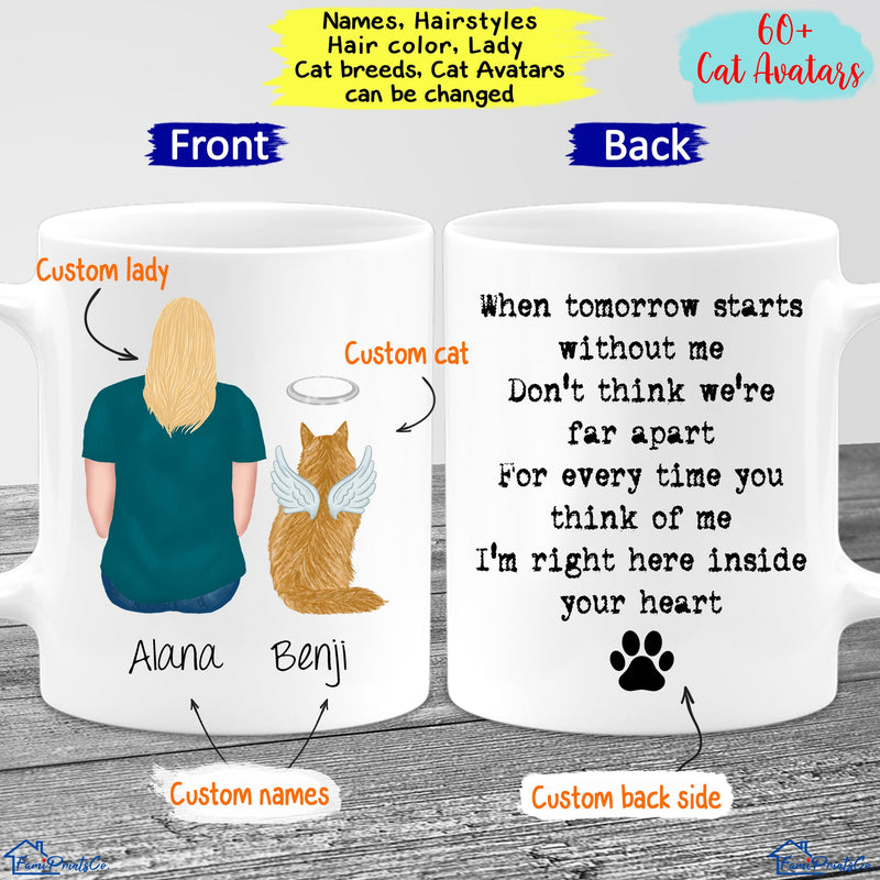Custom Photo Name Lady Cat Mug, Personalized Pet Memorial Mug, Pet Loss, Cat Loss Gift, When Tomorrow Starts Without Me. Sympathy Gift Women MUG_Cat Mug