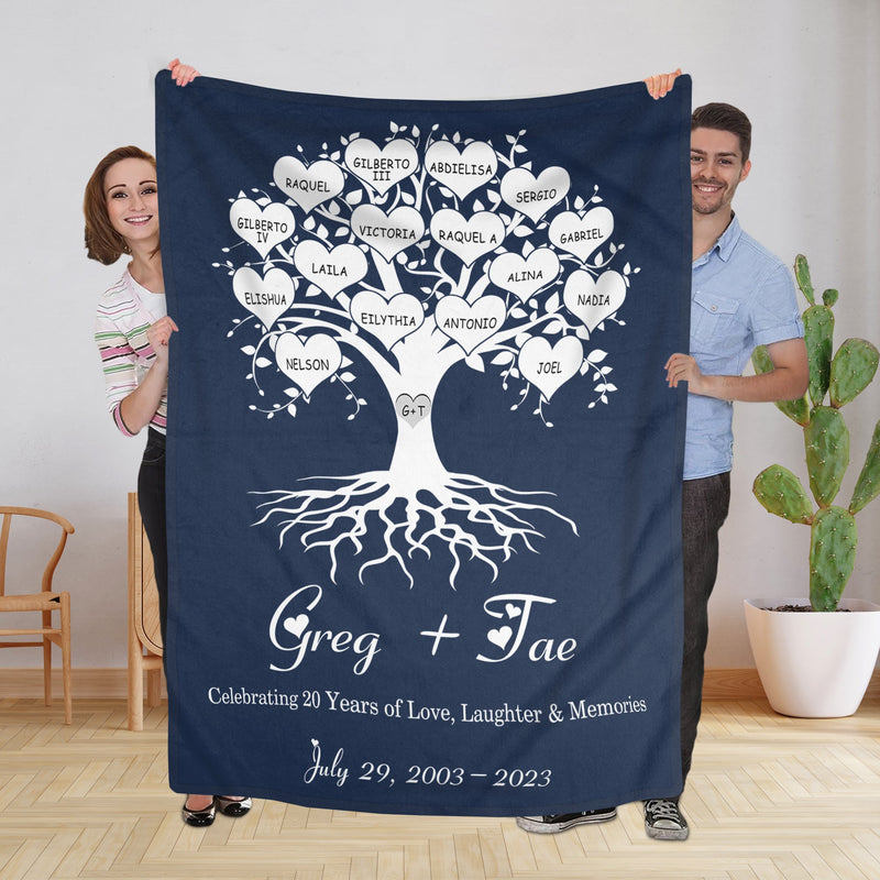 Personalized 20th Wedding Anniversary Family Signs Throw Blanket, Celebrating 20 Years Of Love Laughter & Memories Gifts For Husband Wife, Custom Last Name Signs, Twenty Year Marriage FLBL_Heart Name Blanket
