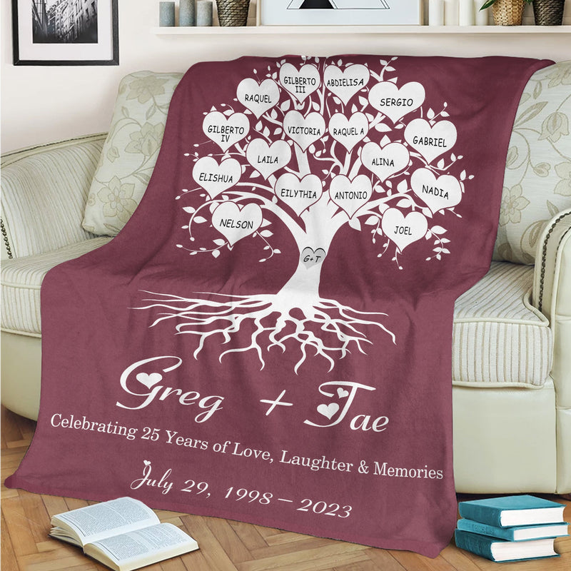 Personalized 25th Wedding Anniversary Family Signs Throw Blanket, Celebrating 25 Years Of Love Laughter Memories Gift For Husband Wife Custom Last Name Signs Twenty-Five Year Marriage FLBL_Heart Name Blanket