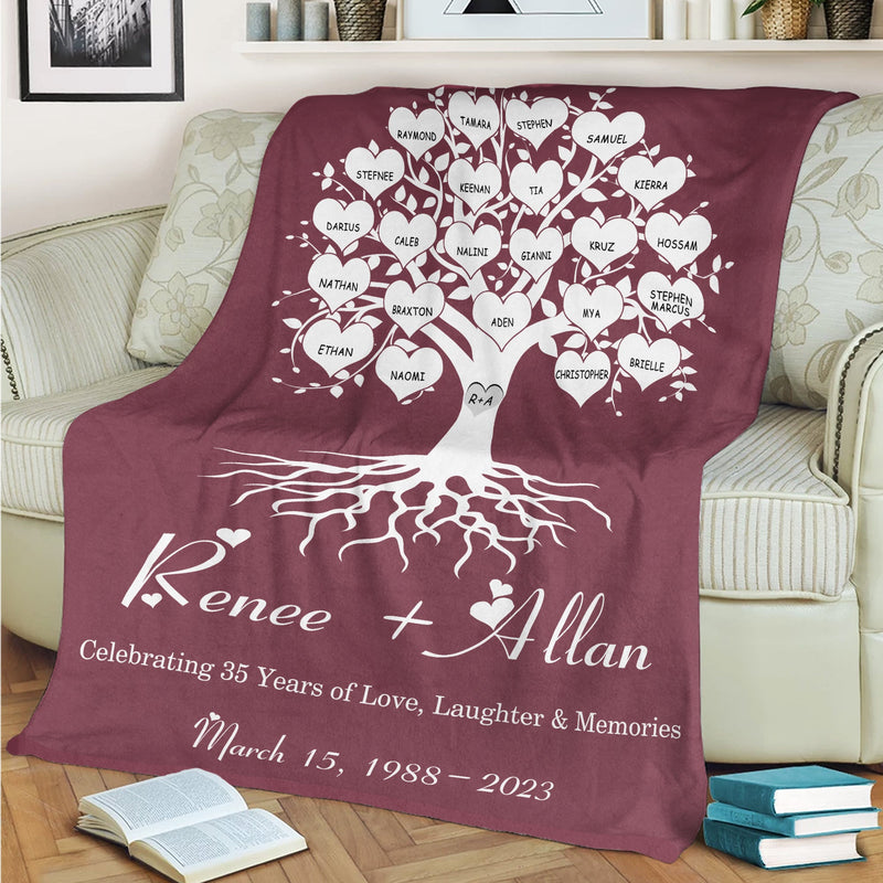 Personalized 35th Wedding Anniversary Family Signs Throw Blanket, Celebrating 35 Years Of Love Laughter Memories Gift For Husband Wife Custom Last Name Signs Thirty-Five Year Marriage FLBL_Heart Name Blanket