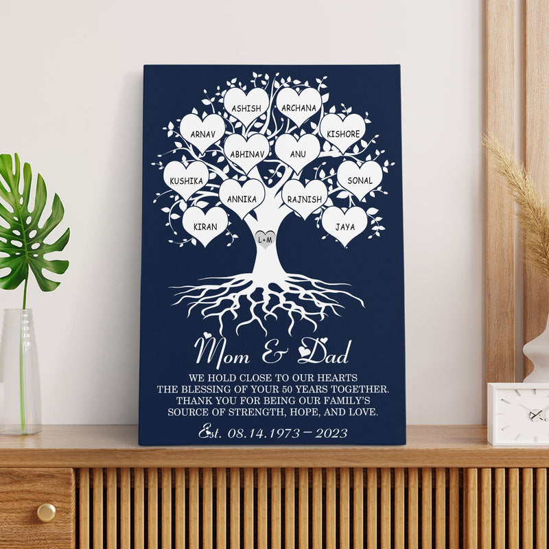 Personalized 50th Anniversary Gift Family Name Sign Canvas Wall Art Framed, Custom Family Tree Gift Last Name Sign Wedding Anniversary Gifts CANPO15_Heart Name Canvas