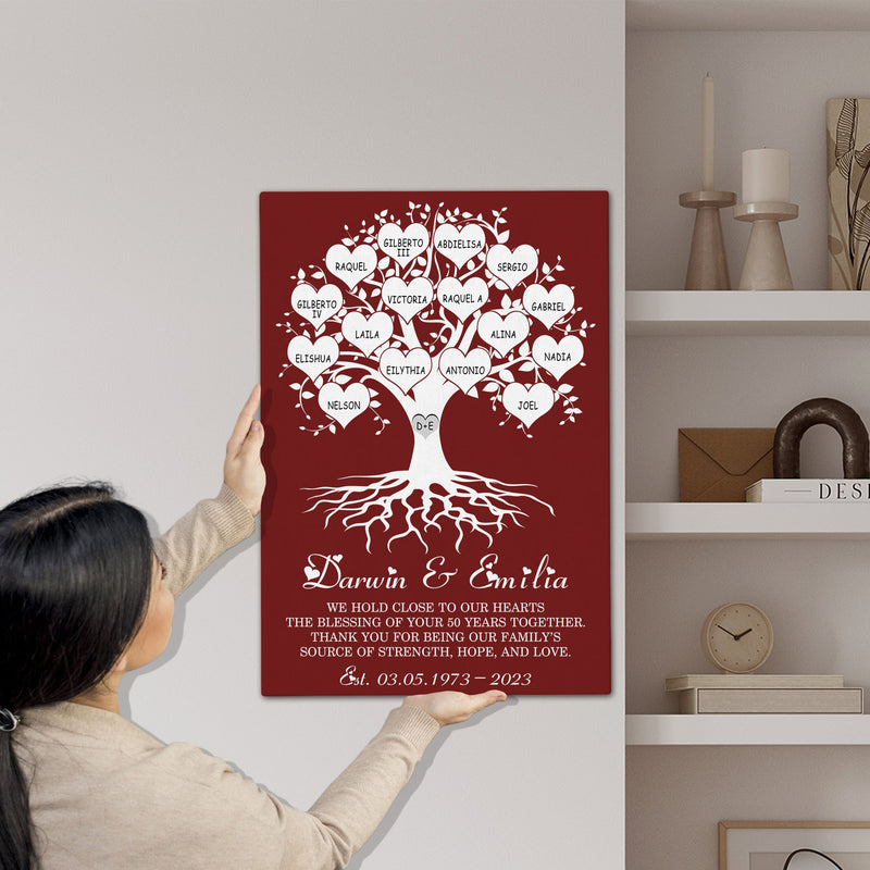 Personalized 50th Anniversary Gift Family Name Sign Canvas Wall Art Framed, Custom Family Tree Gift Last Name Sign Wedding Anniversary Gifts CANPO15_Heart Name Canvas