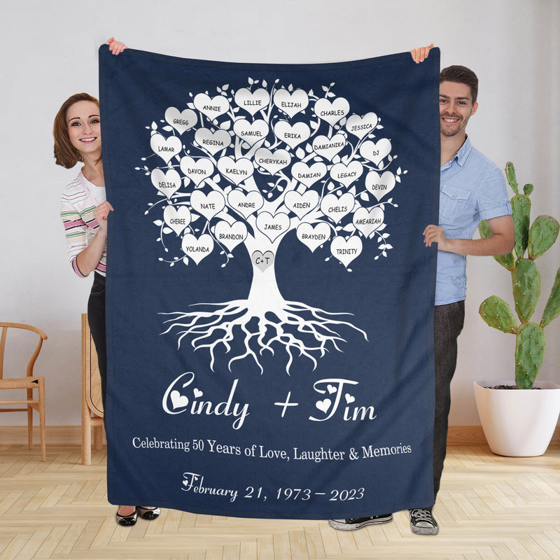 Personalized 50th Wedding Anniversary Family Signs Throw Blanket, Celebrating 50 Years Of Love Laughter & Memories Gifts For Husband Wife, Custom Last Name Signs, Fifty Year Marriage FLBL_Heart Name Blanket