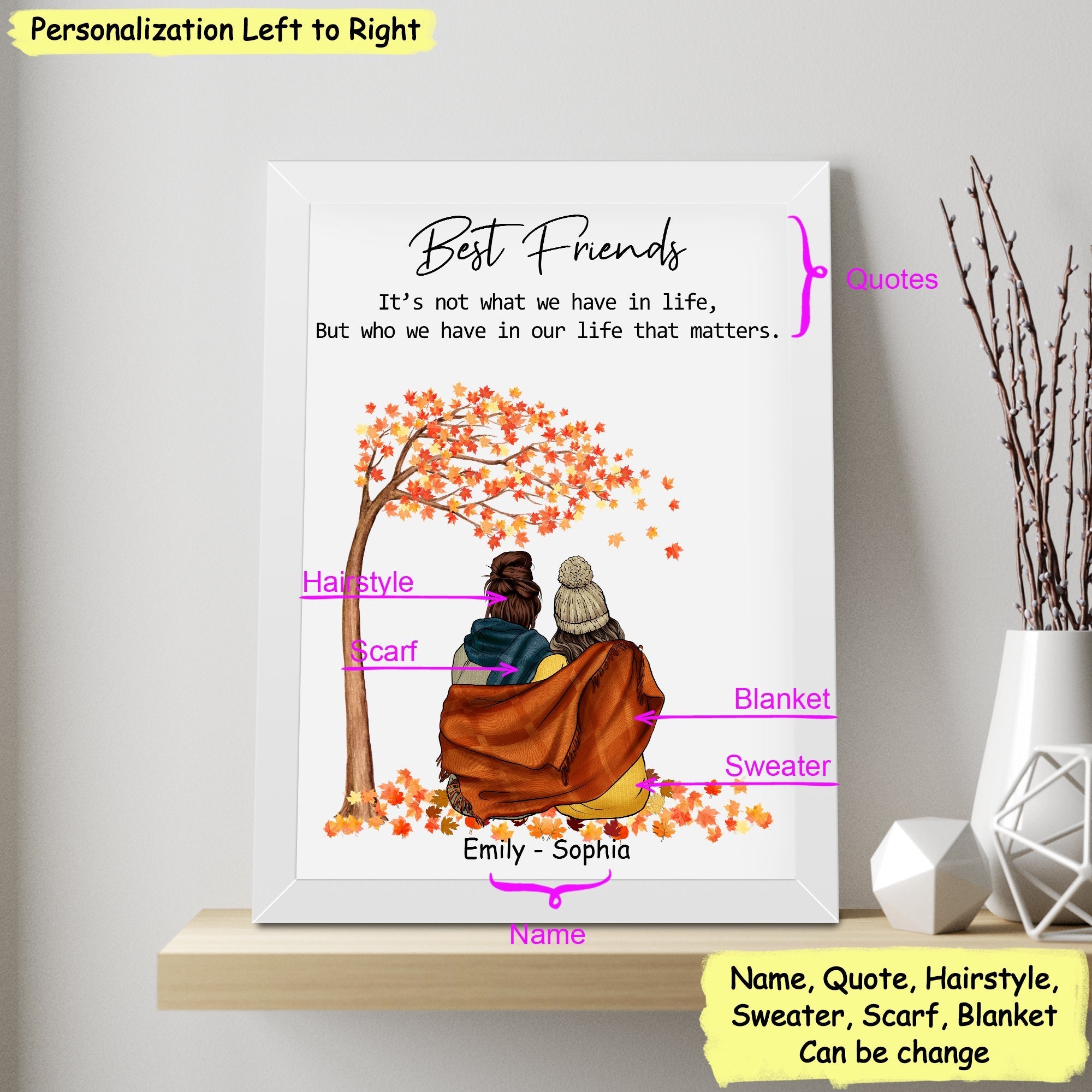 Personalized Best Friend Picture Frame, Fall Autumn Art Bestie Frame G