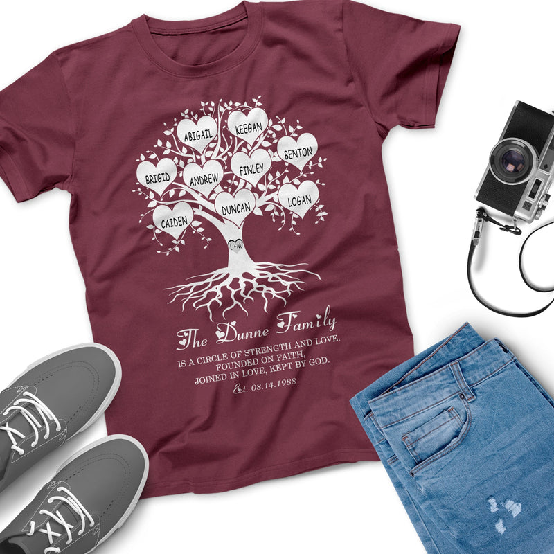 Personalized Family Heart Tree Joined In Love Kept By God Custom Kids Grandkids Names Gift For Parents Grandparents Anniversary Gift T Shirt SHIRTS_Heart Name Tree