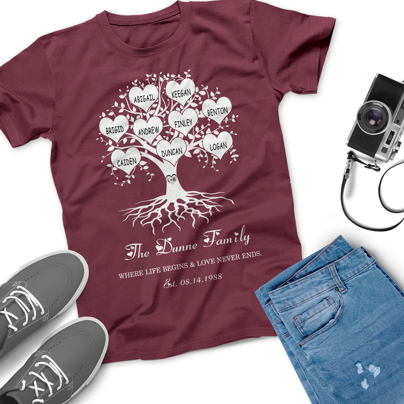 Personalized Family Heart Tree With Custom Children Grandchildren Names Where Life Begins & Love Never Ends Parents Grandparents Gift Shirt SHIRTS_Heart Name Tree