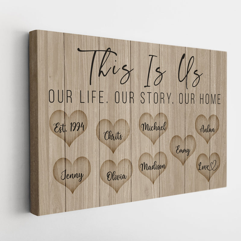 Personalized Family Name Canvas Wall Art, Custom Name Sign, This Is Us Our Life, Wedding Gift, Anniversary Gift For Him Her Mom Dad Grandma CANLA15_Canvas Heart Quote