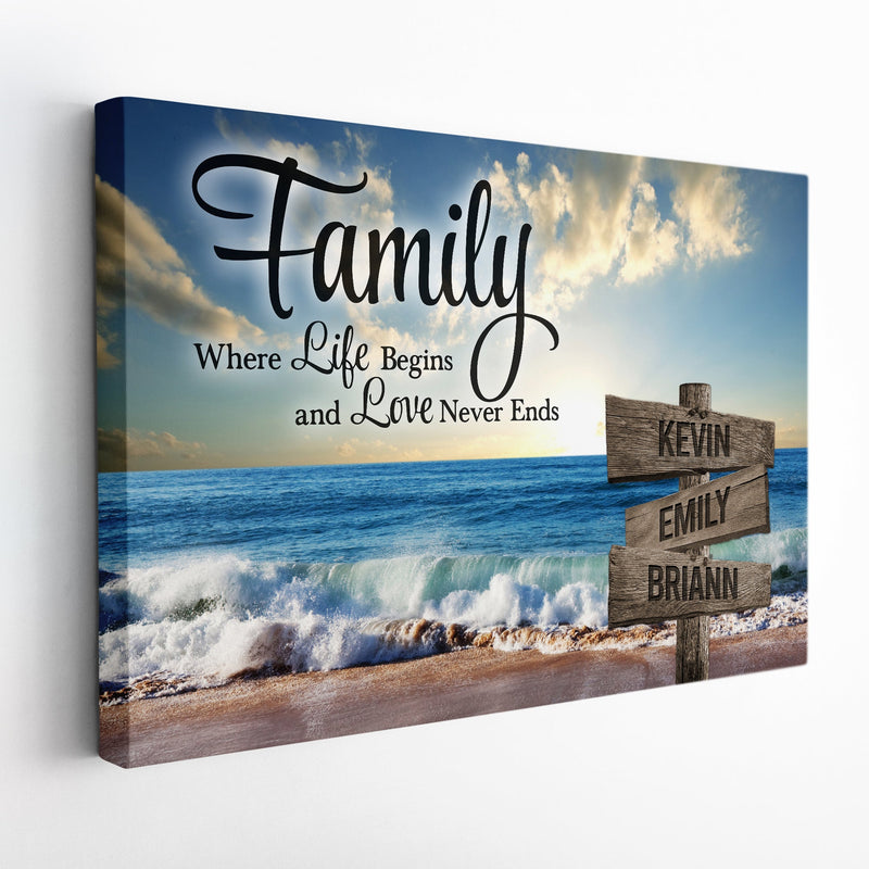 Personalized Family Name Sign Beach Canvas Wall Art, Love Never End, Custom Street Sign, Wedding Gift, Anniversary Gift For Him Her Mom Dad CANLA15_Multi Name Canvas