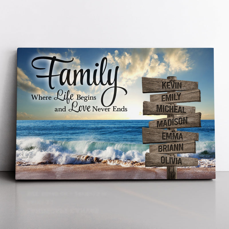 Personalized Family Name Sign Beach Canvas Wall Art, Love Never End, Custom Street Sign, Wedding Gift, Anniversary Gift For Him Her Mom Dad CANLA15_Multi Name Canvas