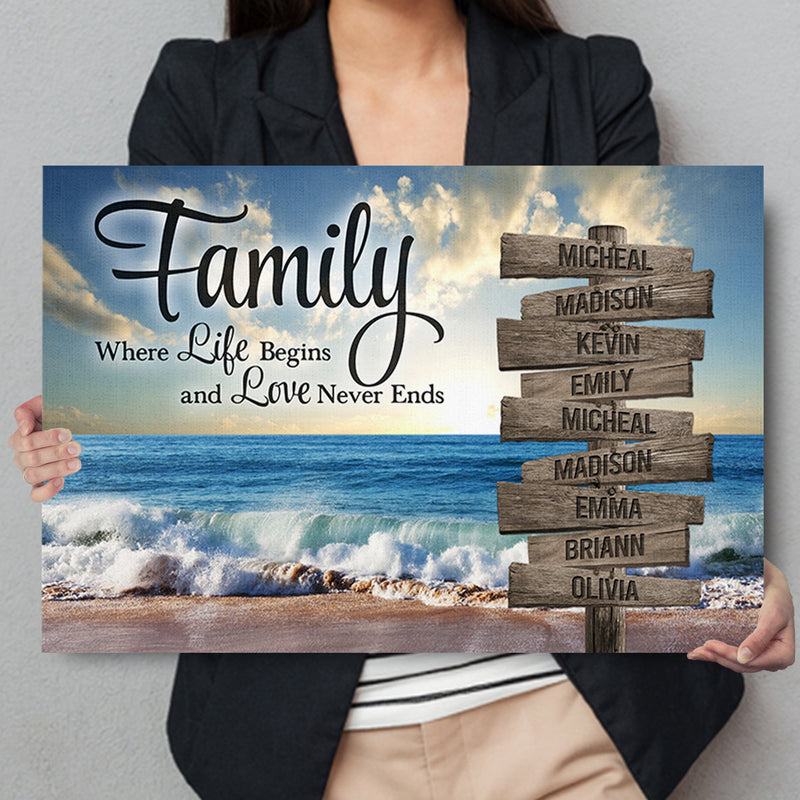 Personalized Family Name Sign Beach Canvas Wall Art, Love Never End, Custom Street Sign, Wedding Gift, Anniversary Gift For Him Her Mom Dad CANLA15_Multi Name Canvas