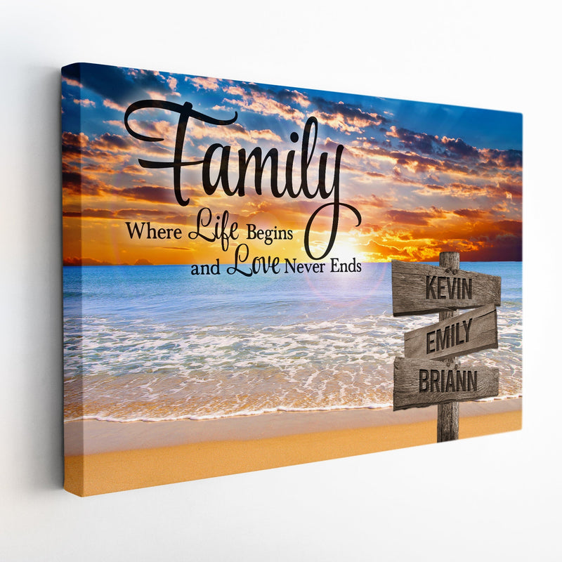 Personalized Family Name Sign Canvas Wall Art, Custom Street Sign, Sunset Beach Love Never Ends Wedding Anniversary Gift For Him Her Mom Dad CANLA15_Multi Name Canvas