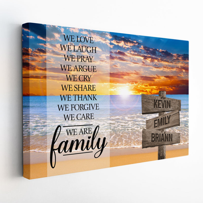 Personalized Family Name Sign Canvas Wall Art, Custom Street Sign, Sunset Beach We Are Family, Wedding Anniversary Gift For Him Her Mom Dad CANLA15_Multi Name Canvas