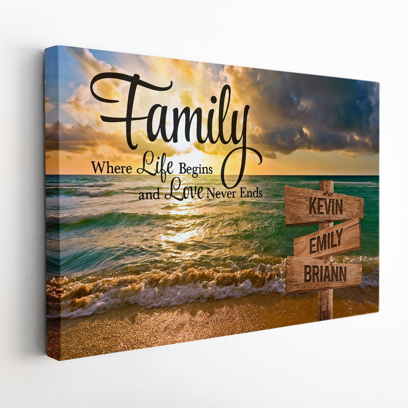 Personalized Family Name Sign Canvas Wall Art, Custom Street Sign Wedding Anniversary Gift For Him Her Mom Dad, Sunset Beach Love Never Ends CANLA15_Multi Name Canvas