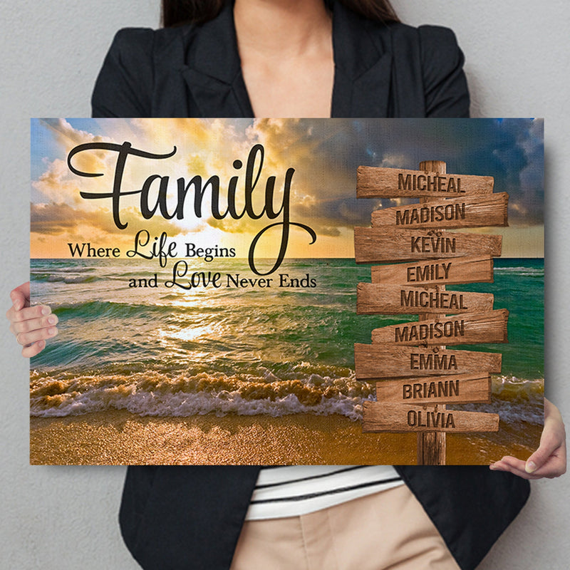 Personalized Family Name Sign Canvas Wall Art, Custom Street Sign Wedding Anniversary Gift For Him Her Mom Dad, Sunset Beach Love Never Ends CANLA15_Multi Name Canvas