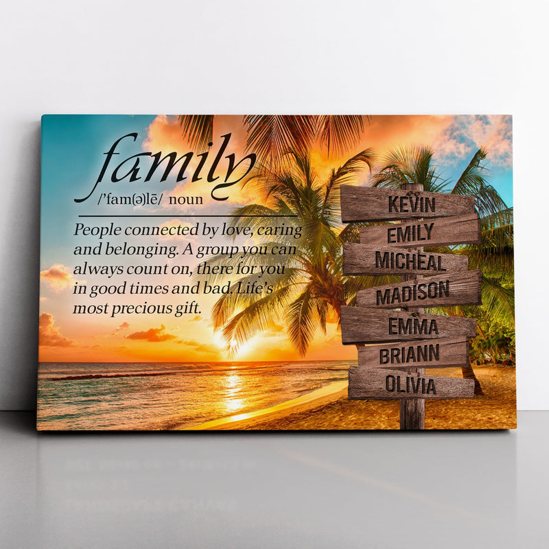 Personalized Family Name Sign Canvas Wall Art, Sunset Palm Beach Family Definition, Custom Street Sign, Anniversary Gift For Him Her Mom Dad CANLA15_Multi Name Canvas