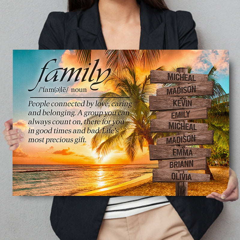 Personalized Family Name Sign Canvas Wall Art, Sunset Palm Beach Family Definition, Custom Street Sign, Anniversary Gift For Him Her Mom Dad CANLA15_Multi Name Canvas