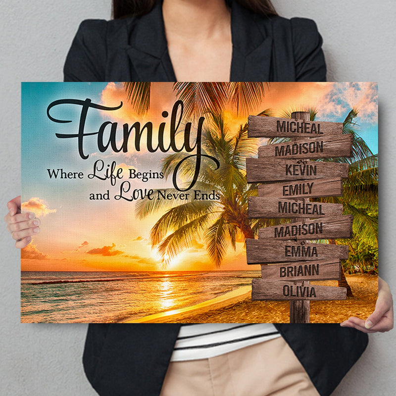 Personalized Family Name Sign Canvas Wall Art, Sunset Palm Beach Family Love Never End, Custom Street Sign, Wedding Gift, Anniversary Gift CANLA15_Multi Name Canvas