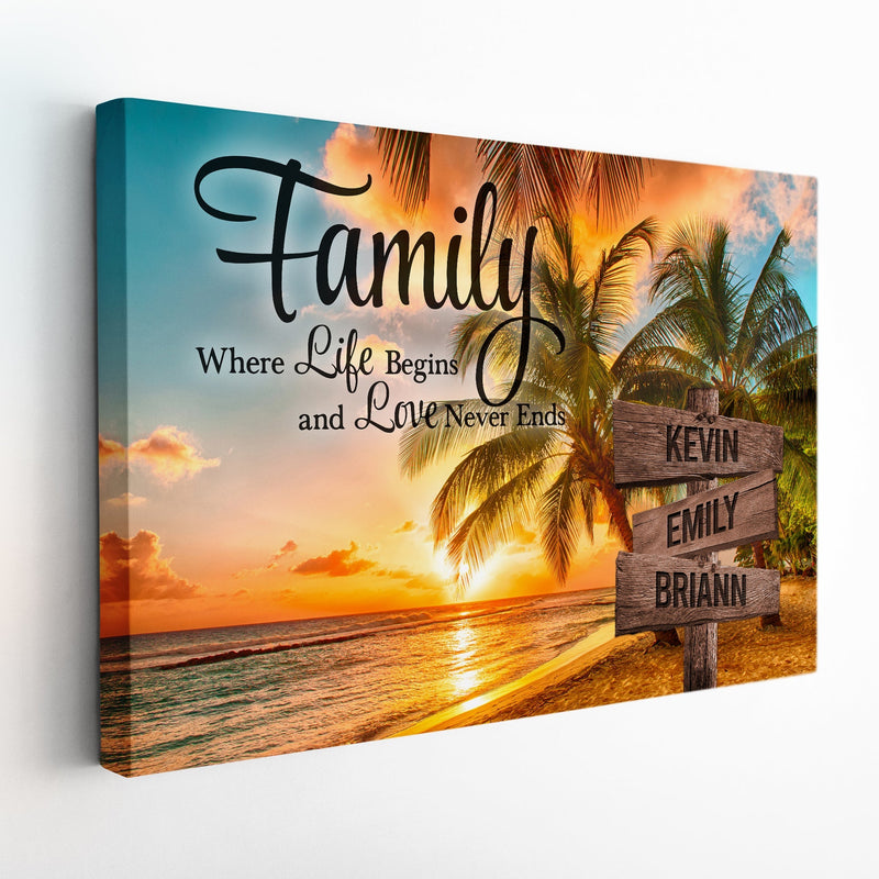 Personalized Family Name Sign Canvas Wall Art, Sunset Palm Beach Family Love Never End, Custom Street Sign, Wedding Gift, Anniversary Gift CANLA15_Multi Name Canvas