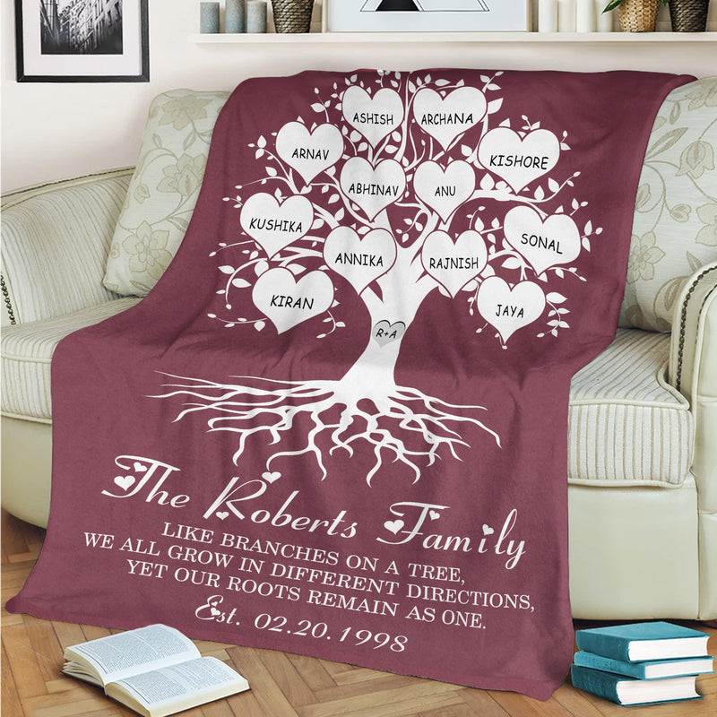 Personalized Family Signs Throw Blanket For Living Room Bedroom, Last Name Signs For Home, Custom Name Sign, Family Is Like The Branches Of A Tree, Established Soft Cozy Warm Blanket FLBL_Heart Name Blanket