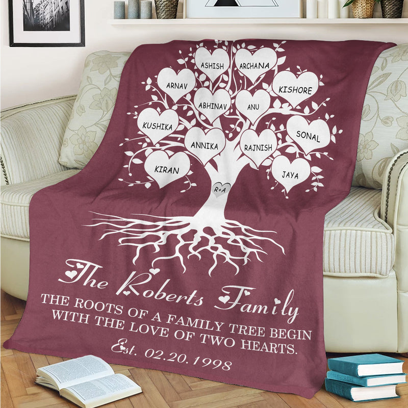 Personalized Family Signs Throw Blanket For Living Room, Last Name Signs For Home, Custom Name Sign, The Roots Of A Family Tree Begin, Established Fuzzy Soft Cozy Warm Travel Blanket FLBL_Heart Name Blanket