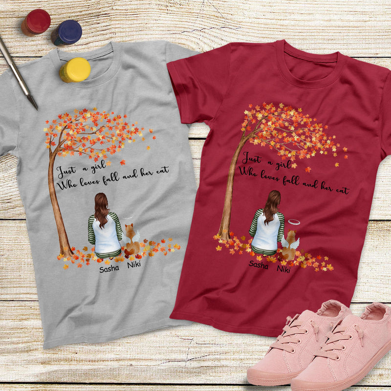 Personalized Name Just A Girl Who Loves Fall And Her Cat Under The Autumn Tree T Shirt, Cat Lover Gift, Fall T Shirt For Women Shirt SHIRTS_Autumn Pet Girl