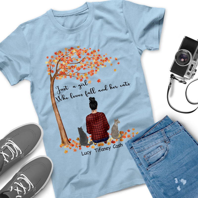 Personalized Name Just A Girl Who Loves Fall And Her Cat Under The Autumn Tree T Shirt, Cat Lover Gift, Fall T Shirt For Women Shirt SHIRTS_Autumn Pet Girl