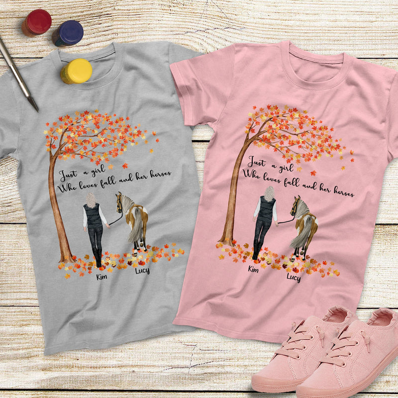 Personalized Name Just A Girl Who Loves Fall And Her Horses Under The Autumn Tree Shirt Custom Horse Girl Best Friend Shirts Fall Shirt SHIRTS_Autumn Dog Girl