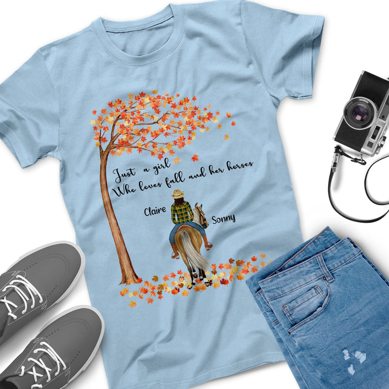 Personalized Name Just A Girl Who Loves Fall And Her Horses Under The Autumn Tree Shirt Custom Horse Girl Best Friend Shirts Fall Shirt SHIRTS_Autumn Dog Girl