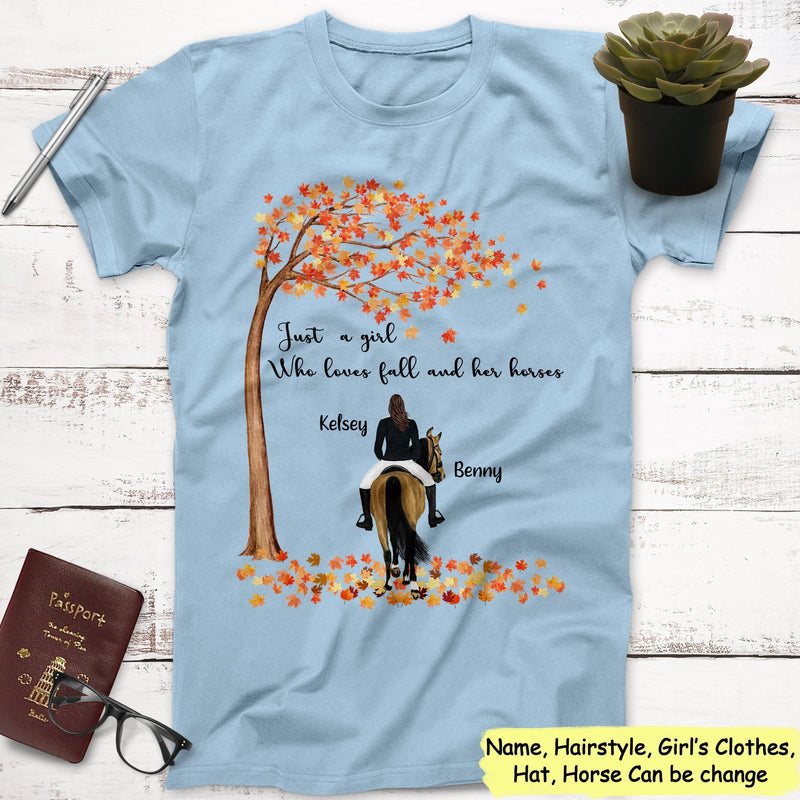 Personalized Name Just A Girl Who Loves Fall And Her Horses Under The Autumn Tree Shirt Custom Horse Girl Best Friend Shirts Fall Shirt SHIRTS_Autumn Dog Girl