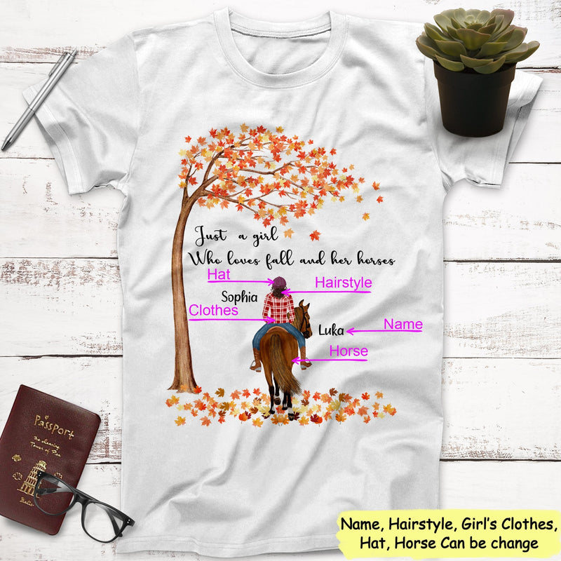 Personalized Name Just A Girl Who Loves Fall And Her Horses Under The Autumn Tree Shirt Custom Horse Girl Best Friend Shirts Fall Shirt SHIRTS_Autumn Dog Girl