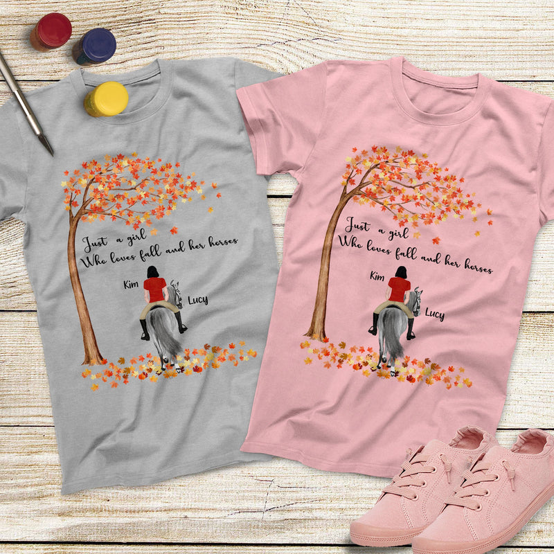 Personalized Name Just A Girl Who Loves Fall And Her Horses Under The Autumn Tree Shirt Custom Horse Girl Best Friend Shirts Fall Shirt SHIRTS_Autumn Dog Girl
