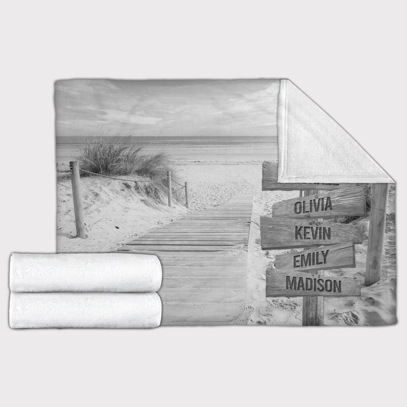 Personalized Name Sign Boardwalk Picture Beach Throw Blanket Ocean Scene Painting , Custom Last Name Signs, Family Name Sign Sunrise Blanket Gift Fuzzy Soft Cozy Warm Travel Blanket FLBL_Multi Name Blanket