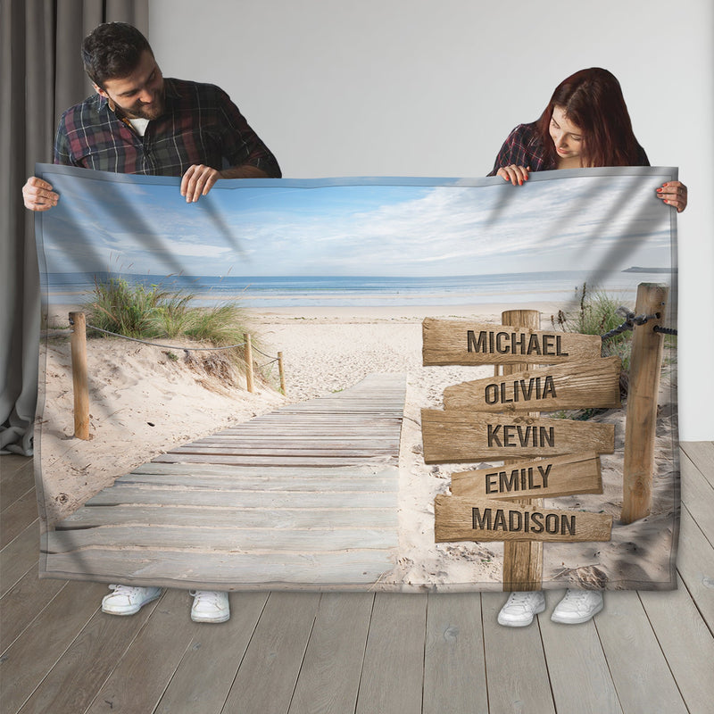 Personalized Name Sign Boardwalk Picture Beach Throw Blanket Ocean Scene Painting , Custom Last Name Signs, Family Name Sign Sunrise Blanket Gift Fuzzy Soft Cozy Warm Travel Blanket FLBL_Multi Name Blanket