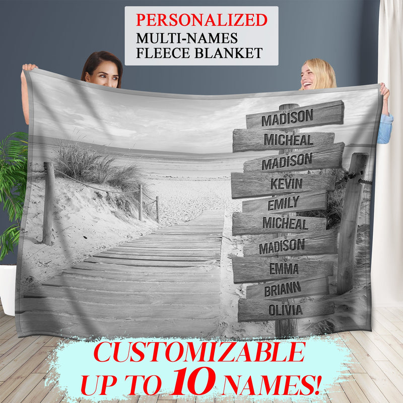 Personalized Name Sign Boardwalk Picture Beach Throw Blanket Ocean Scene Painting , Custom Last Name Signs, Family Name Sign Sunrise Blanket Gift Fuzzy Soft Cozy Warm Travel Blanket FLBL_Multi Name Blanket