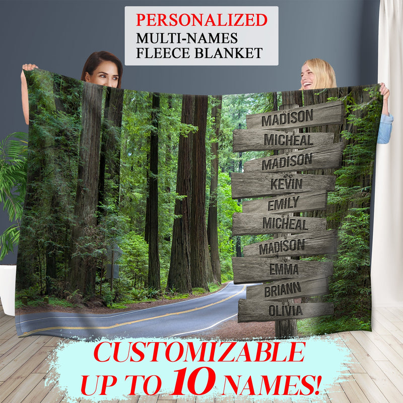 Personalized Name Sign Forest Throw Blanket Gifts, Customized Name Sign Tree Forest, Nature Blanket Last Name Signs For Home Decor Family Name Sign Fuzzy Soft Cozy Warm Travel Blanket FLBL_Multi Name Blanket