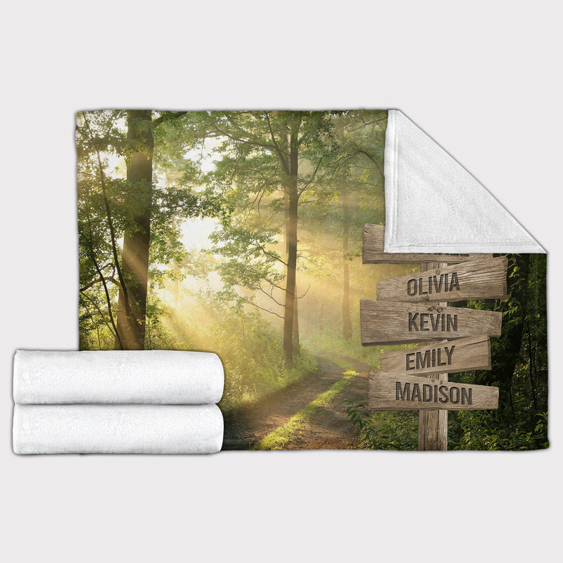 Personalized Name Sign Forest Throw Blanket Gifts, Customized Name Sign Tree Forest, Nature Blanket Last Name Signs For Home Decor Family Name Sign Fuzzy Soft Cozy Warm Travel Blanket FLBL_Multi Name Blanket