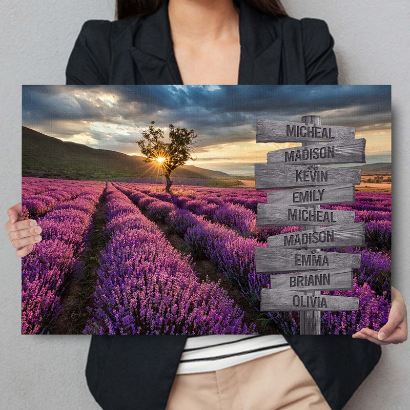 Personalized Name Sign Lavender Flower Sunset Wall Art Custom Name Sign Purple Floral Canvas Purple Picture Wall Decor Personalized Last Name Signs For Home Family Name Sign Landscape CANLA15_Multi Name Canvas