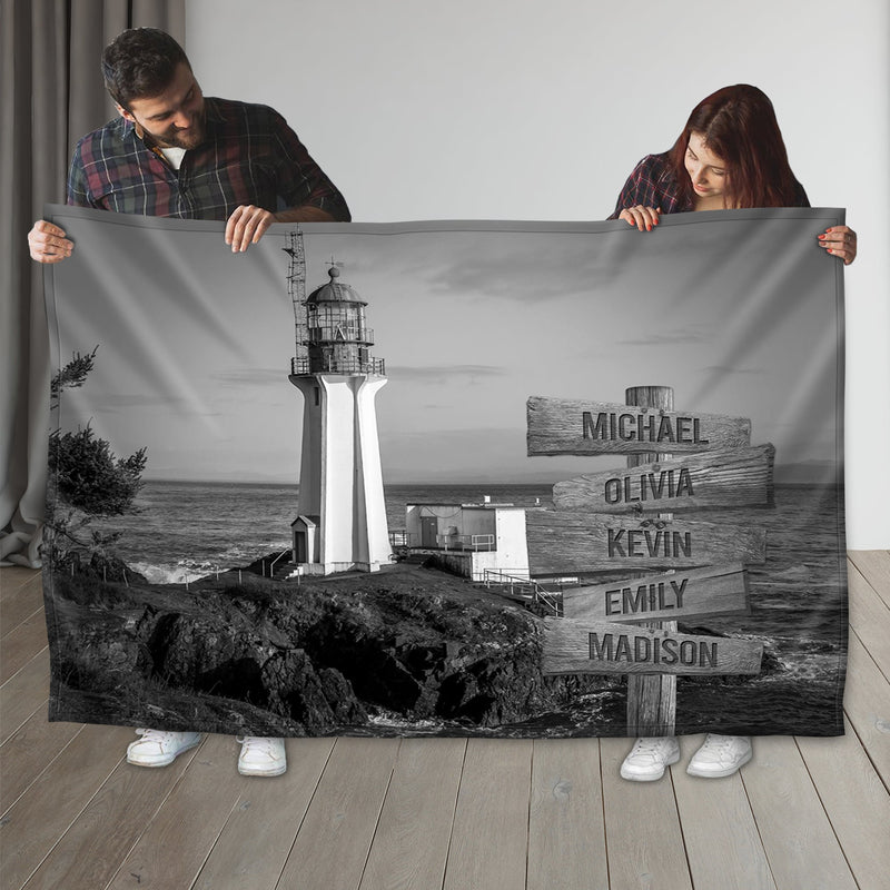 Personalized Name Sign Lighthouse Throw Blanket Gifts, Customized Name Sign Large Nautical Painting Pictures, Last Name Signs For Home Decor, Family Name Sign Soft Cozy Warm Blanket FLBL_Multi Name Blanket