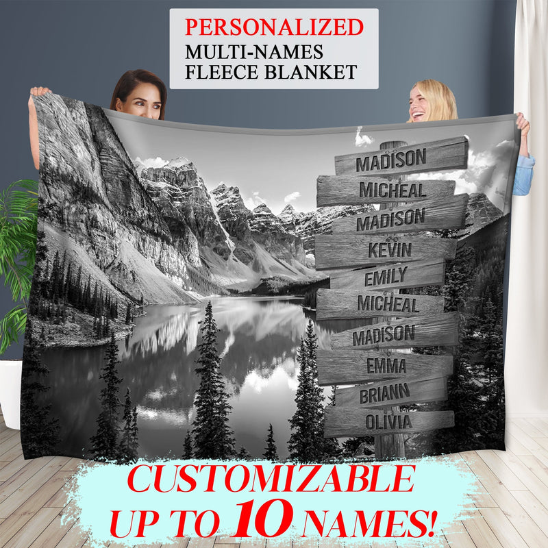 Personalized Name Sign Mountain And Lake National Park Nature Throw Blanket Gifts, Customized Name Sign, Last Name Signs For Home, Family Name Sign Fuzzy Soft Cozy Warm Travel Blanket FLBL_Multi Name Blanket