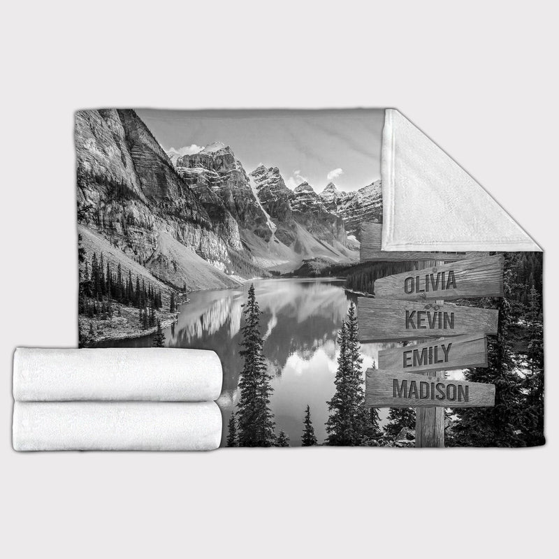 Personalized Name Sign Mountain And Lake National Park Nature Throw Blanket Gifts, Customized Name Sign, Last Name Signs For Home, Family Name Sign Fuzzy Soft Cozy Warm Travel Blanket FLBL_Multi Name Blanket