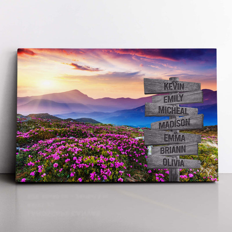Personalized Name Sign Mountain Pink Rhododendrons Flower Pictures Sunset Wall Art Canvas Custom Name Sign Personalized Wall Decor Last Name Signs For Home Family Name Sign Landscape CANLA15_Multi Name Canvas