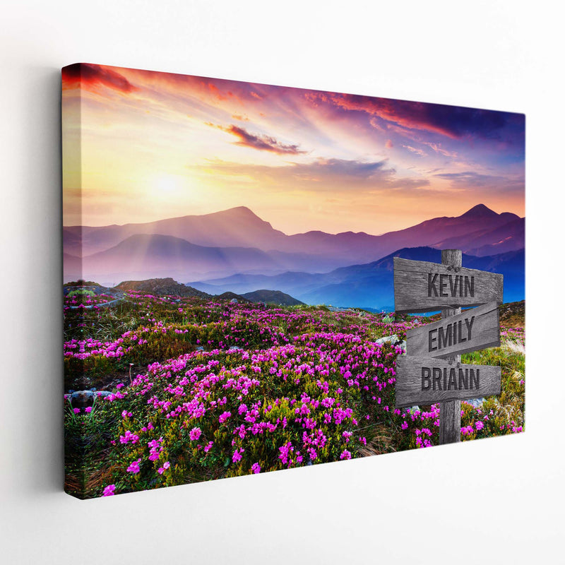 Personalized Name Sign Mountain Pink Rhododendrons Flower Pictures Sunset Wall Art Canvas Custom Name Sign Personalized Wall Decor Last Name Signs For Home Family Name Sign Landscape CANLA15_Multi Name Canvas
