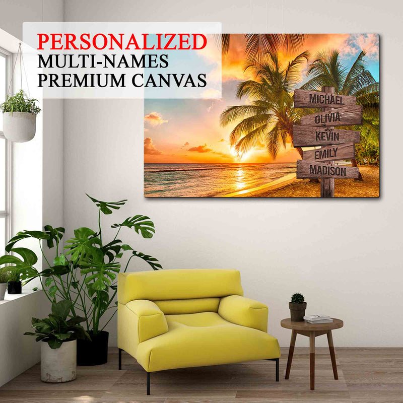 Personalized Name Sign Palm Tree Tropical Canvas Wall Art Sunset Beach Wall Art Ocean Wall Art Personalized Wall Decor Last Name Sign For Home Custom Family Name Sign Sunrise Wall Art CANLA15_Multi Name Canvas