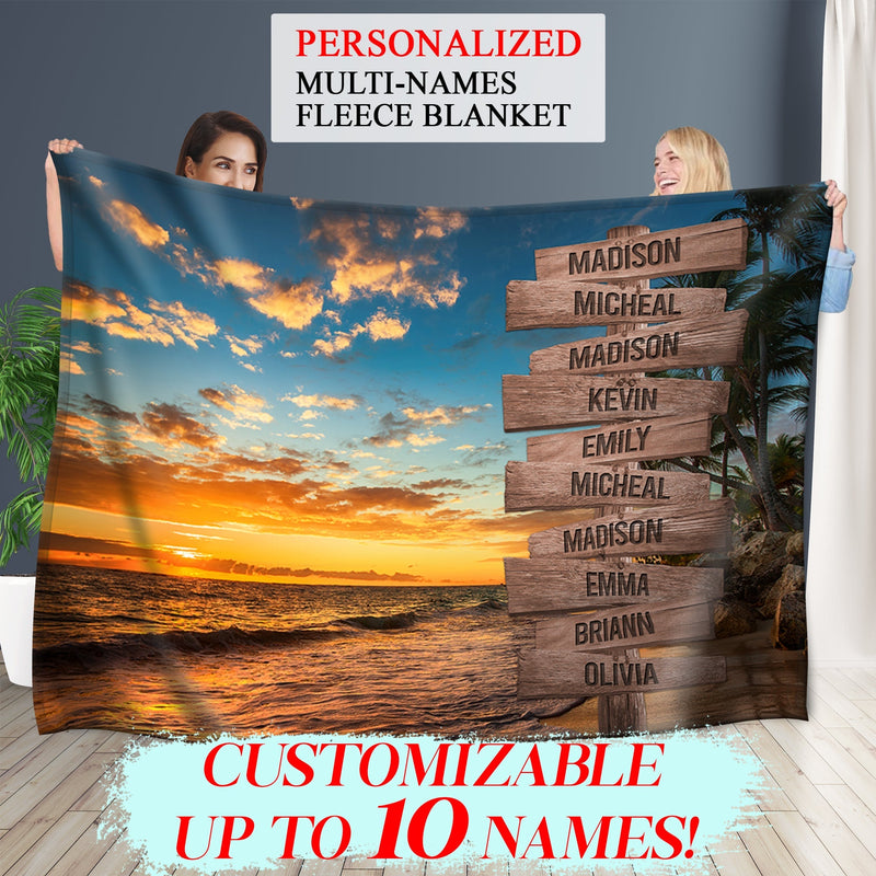 Personalized Name Sign Palm Tree Tropical Throw Blanket, Sunset Ocean Beach Blanket, Custom Last Name Signs, Family Name Sign Sunrise Blanket Gift Fuzzy Soft Cozy Warm Travel Blanket FLBL_Multi Name Blanket