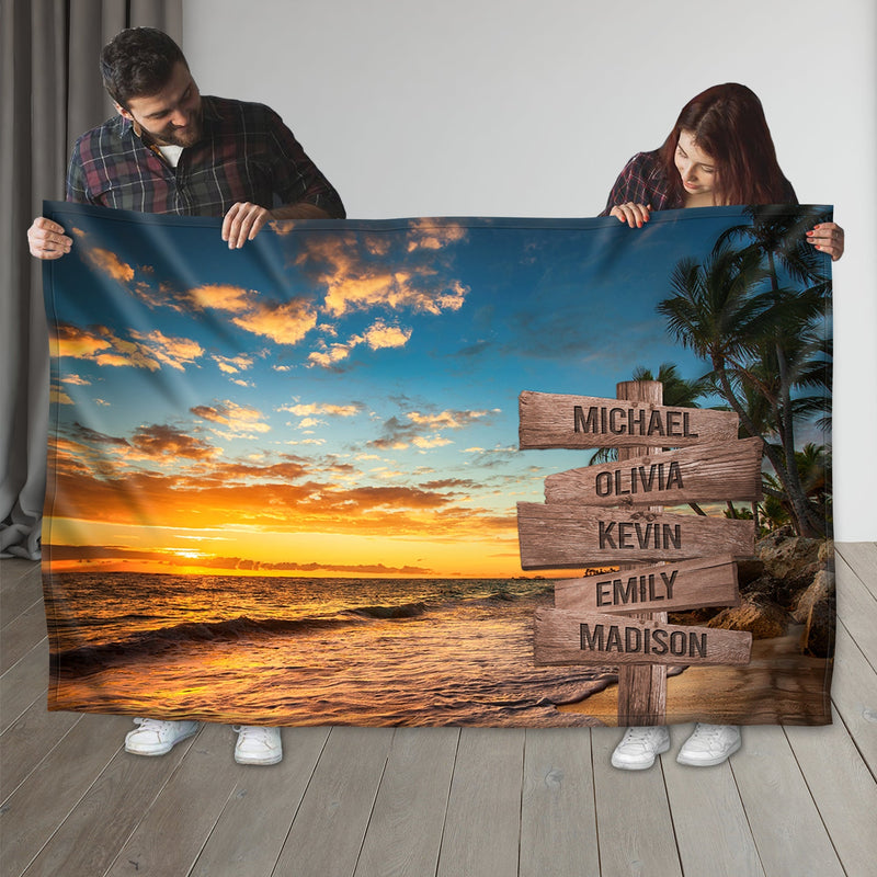 Personalized Name Sign Palm Tree Tropical Throw Blanket, Sunset Ocean Beach Blanket, Custom Last Name Signs, Family Name Sign Sunrise Blanket Gift Fuzzy Soft Cozy Warm Travel Blanket FLBL_Multi Name Blanket